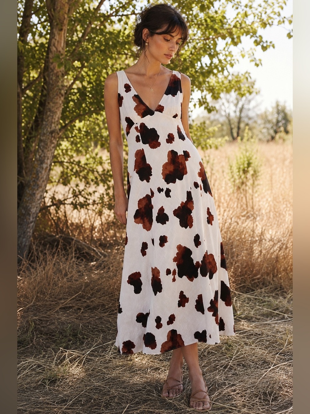 Paper Heart Linen Blend Midi Dress Size L Ivory Brown Abstract Print